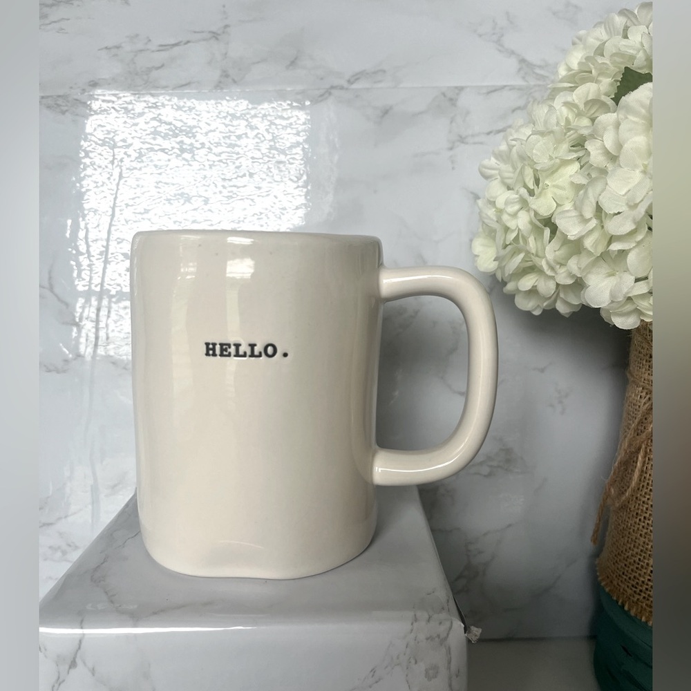 Rae Dunn typewritten “HELLO” coffee mug EUC